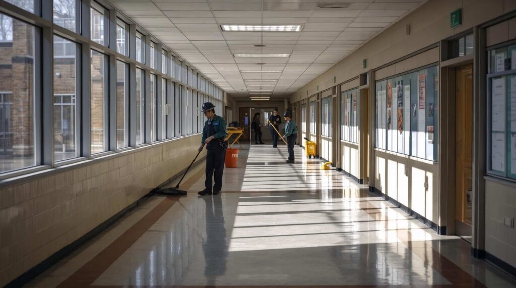 Professional janitorial team cleaning a school classroom to create a safe and healthy learning environment.