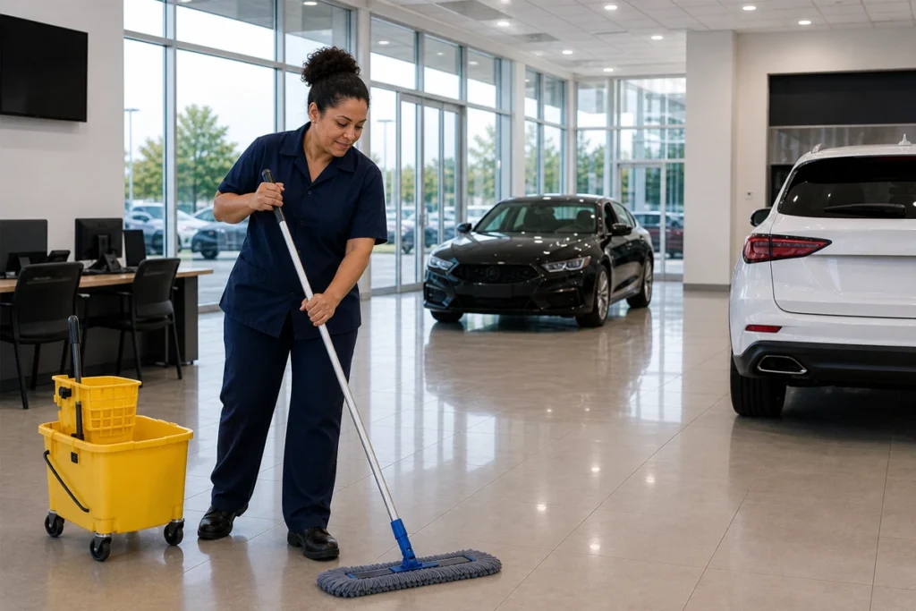 Janitorial worker mopping the floor inside a modern auto dealership showroom during commercial cleaning services.