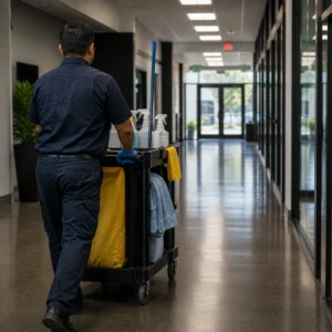 Janitorial worker pushing a cleaning cart through a modern commercial office corridor during routine facility cleaning services.
