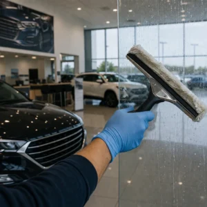 Janitorial worker cleaning interior glass inside an auto dealership showroom with vehicles in the background.