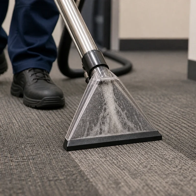 Close-up of a carpet extraction tool deep cleaning commercial office carpeting during janitorial floor care services.