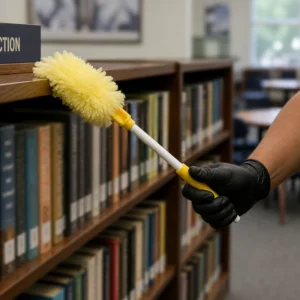 Janitorial worker dusting bookshelves inside a library as part of school and educational facility cleaning services.