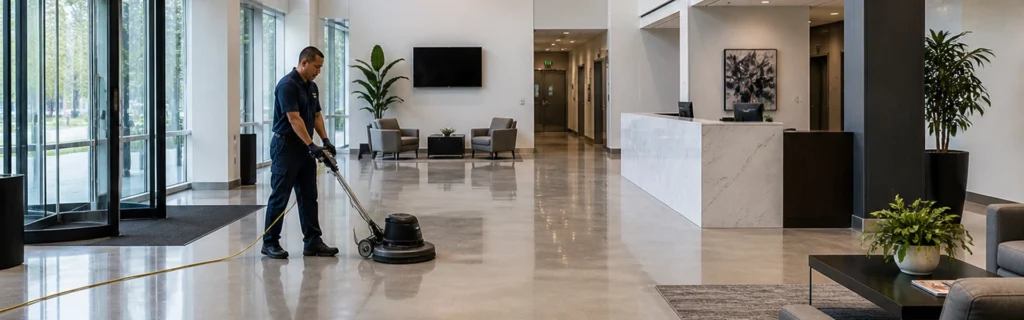 Janitorial worker using a floor buffer machine inside a modern commercial office lobby during professional floor cleaning services.