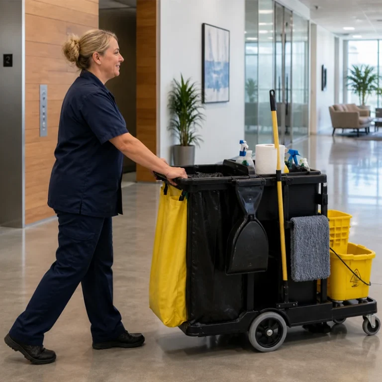 Janitorial worker pushing a cleaning cart through a modern commercial office building during routine cleaning services.