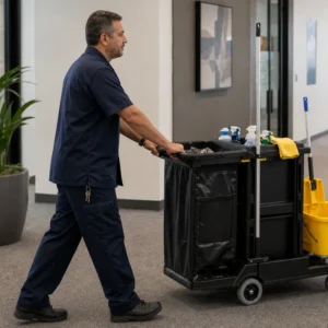 Janitorial worker pushing a fully stocked cleaning cart through a commercial office hallway during routine facility cleaning.