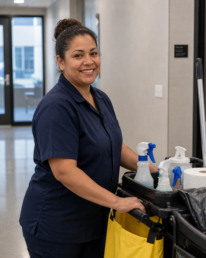 Smiling janitorial worker standing beside a cleaning cart stocked with commercial cleaning supplies in an office building hallway.