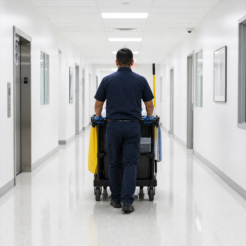 Janitorial worker pushing a cleaning cart down a clean commercial facility hallway during routine maintenance services.