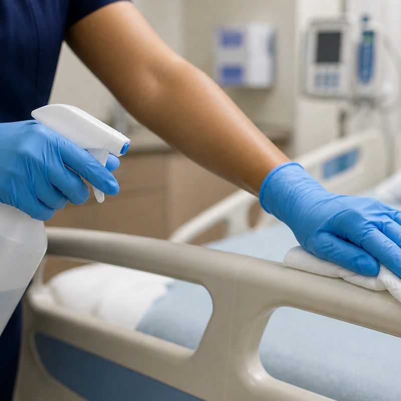 Janitorial worker disinfecting a hospital bed rail with cleaning spray and a cloth in a healthcare facility room.