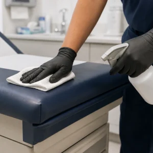 Janitorial worker disinfecting a medical examination table with cleaning spray and a microfiber cloth in a healthcare facility.