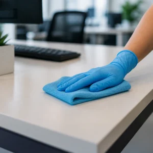 Janitorial worker wiping down an office desk with a microfiber cloth during commercial office cleaning services.