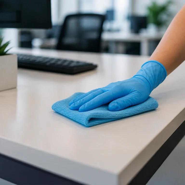 Janitorial worker wiping down an office desk with a microfiber cloth during commercial office cleaning services.