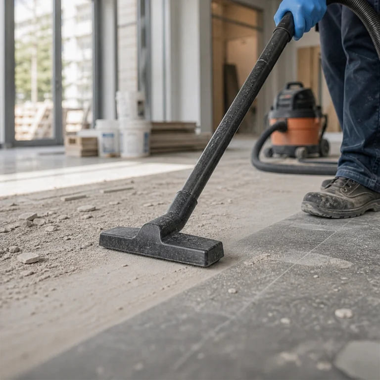 Close-up of a janitorial worker vacuuming construction dust and debris from flooring during post-construction cleanup services.