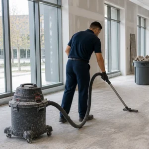 Janitorial worker vacuuming dust and debris inside a commercial building during post-construction cleaning.