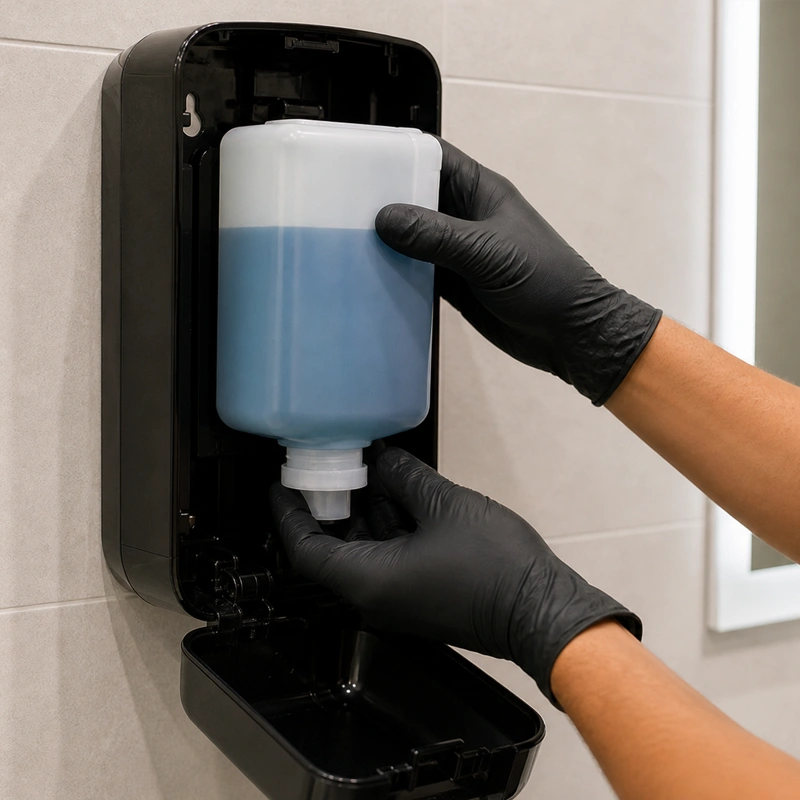 Janitorial worker replacing a soap refill cartridge in a commercial restroom soap dispenser.
