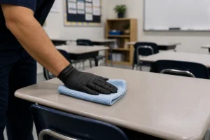 Janitorial worker disinfecting a classroom desk with a microfiber cloth as part of school cleaning services.