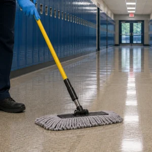 Janitorial worker mopping the floor in a school hallway lined with lockers during educational facility cleaning services.