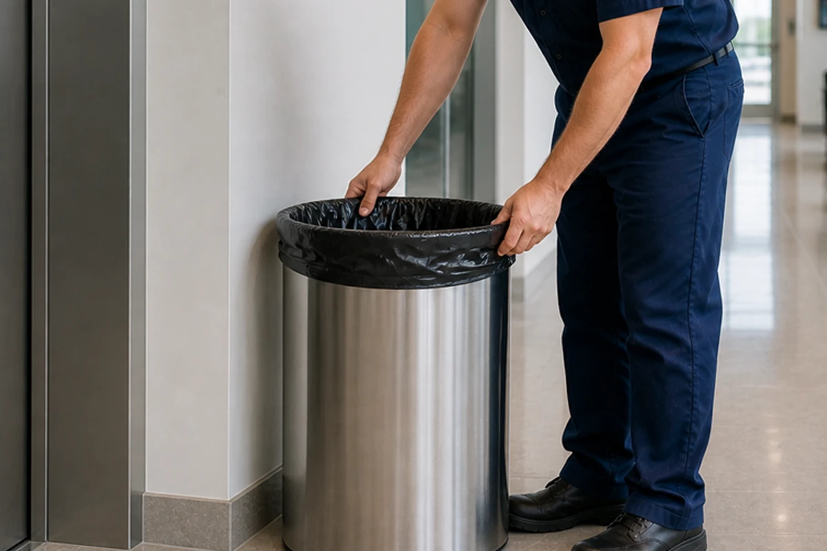 Janitorial worker replacing a trash bag in a commercial office waste bin during routine cleaning services.