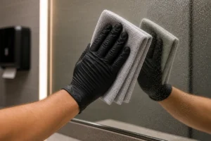 Close-up of a janitorial worker cleaning a restroom mirror with a microfiber cloth during commercial restroom cleaning services.